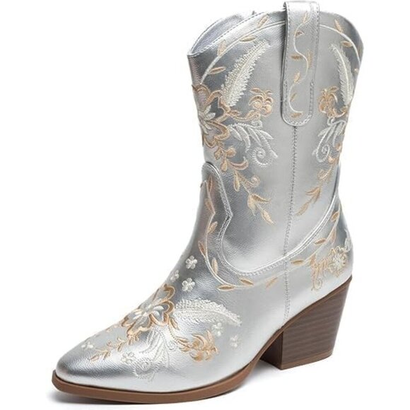 Shoes - 🆕 Cowboy Boots Woman Silver Chunky Heel Leather Embroidered Western Booties